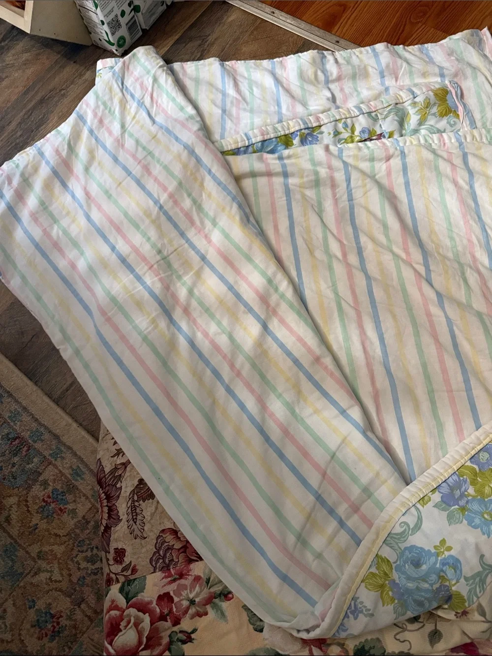 Artisan Floral Patchwork Quilt in Cream, Red, Green, Blue striped other side